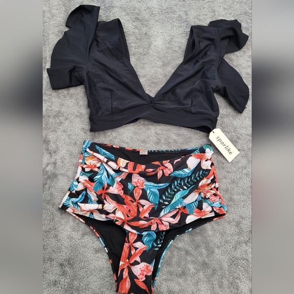 SPORLIKE NWT Ruffle High Waisted Swimsuit Two Pieces Push Up Bikini Size Large - Picture 5 of 6